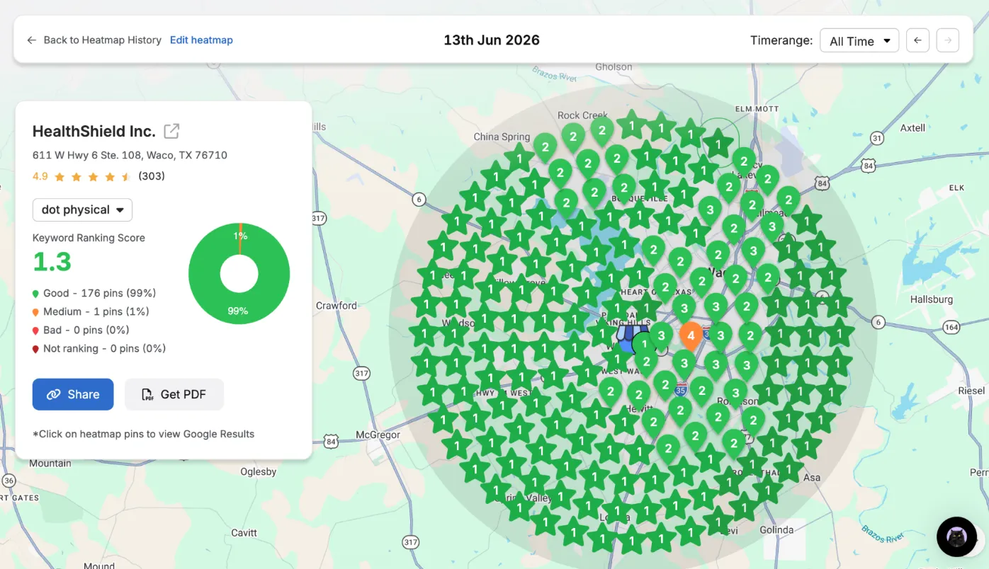 Local SEO ranking grid showing top Google rankings across a real client service area