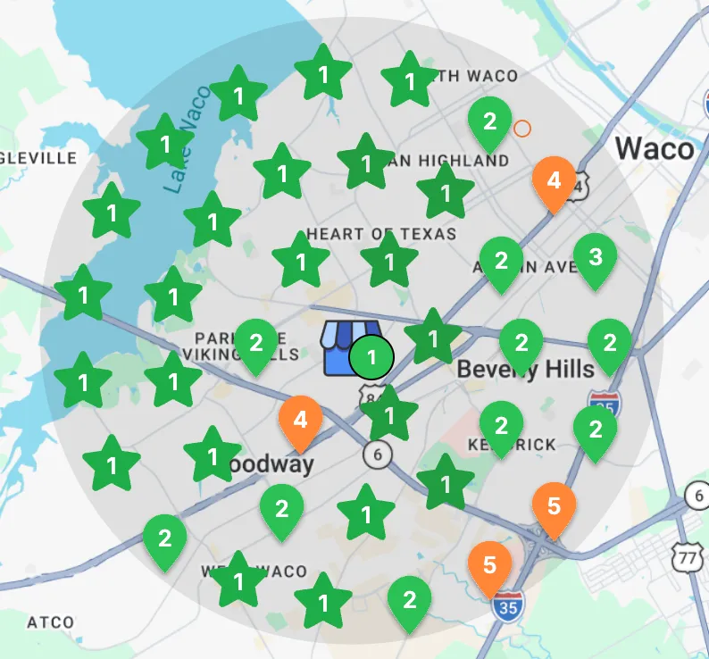 Local SEO ranking grid showing top Google rankings across a real client service area