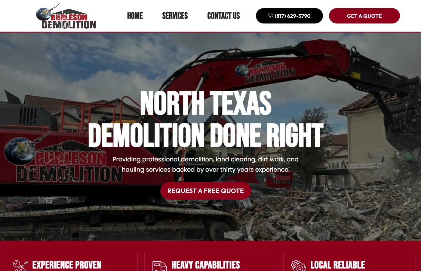 Website homepage screenshot for Burleson Demolition, a home service business built by Cavenaugh Media