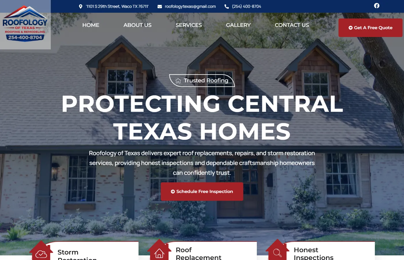 Website homepage screenshot for Roofology of Texas, a home service business built by Cavenaugh Media